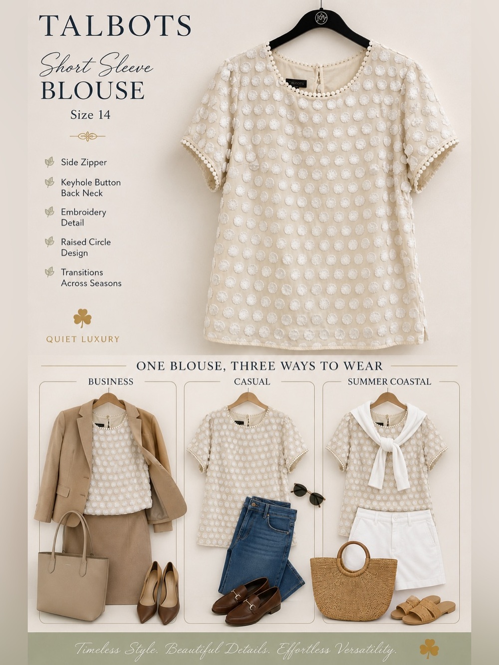 Talbots Embroidered Dot Short Sleeve Blouse Beige/Cream/White |Size 14